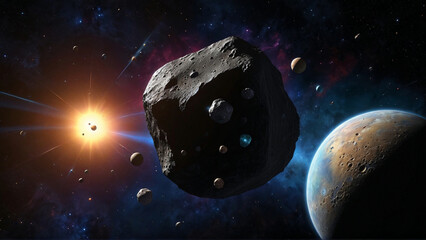 Wall Mural - Asteroids flying past planets in outer space, set against a backdrop of deep cosmic colors