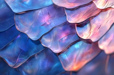 Close-up of the wing texture, showing shades of blue and purple with highlights in red, summer background