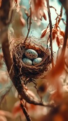 Wall Mural - Nest nestled in a tree branch with speckled eggs surrounded by blooming flowers and soft sunlight filtering through leaves