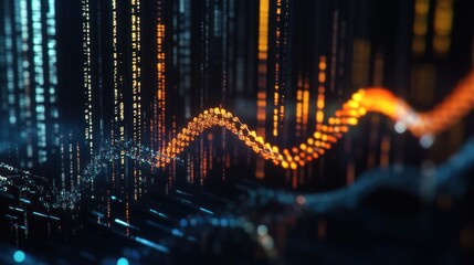 Poster - Abstract Digital Data Flow Visualization: Glowing Orange and Blue Particles Wave Pattern in Dark Background