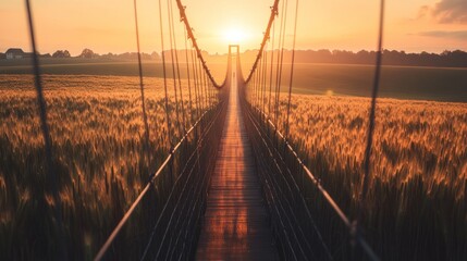 Wall Mural - Golden hour sunset over a suspension bridge across a wheat field.