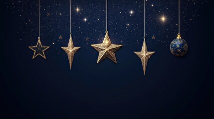 Wall Mural - Merry Christmas Celebration with Hanging Gold Stars Ornaments on Dark Blue Background