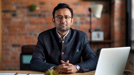 Poster - an indian businessman in a nehru jacket and glasses, seated at a desk with a background of modern te