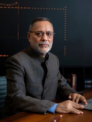 Poster - an indian businessman in a nehru jacket and glasses, seated at a desk with a background of modern te
