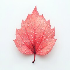 Poster - Single coral leaf with water droplets on white background.