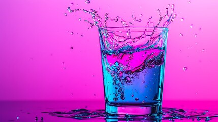 Wall Mural - A glass of water creates vibrant splashes against a pink and blue background, capturing the energy and beauty of fluid motion.