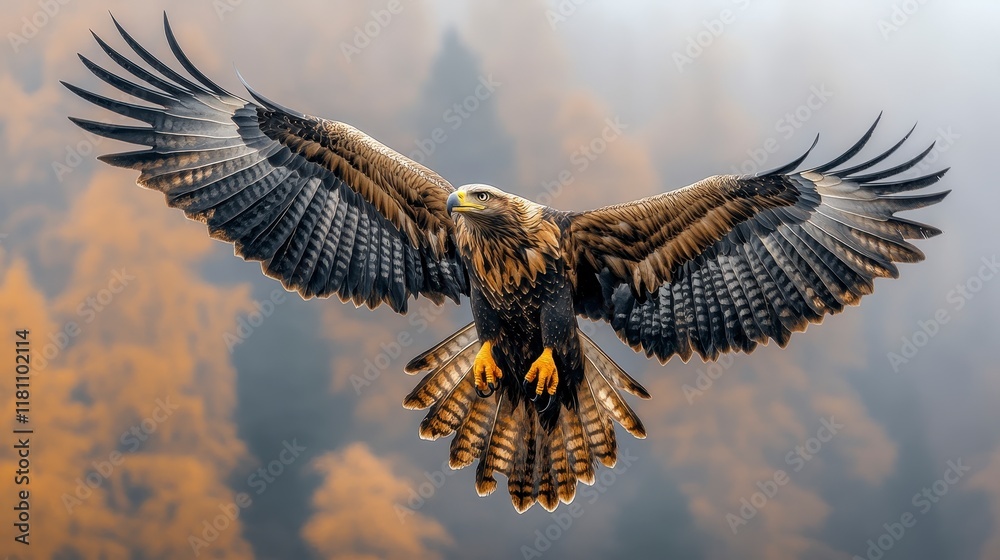 Majestic eagle in flight, wings spread wide against a misty mountain ...