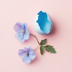 Canvas Print - Pastel blue flowers and cracked eggshell on pink background.