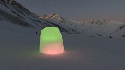 Sticker - Illuminated ice block in snowy mountain landscape at twilight.