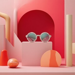 Wall Mural - Stylish round sunglasses on pink and orange geometric background.