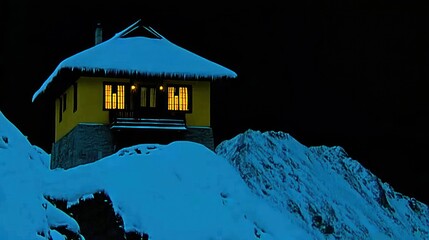 Wall Mural - Illuminated yellow cabin on snow-covered mountain peak at night.