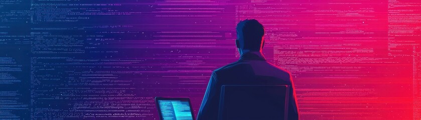 Wall Mural - A silhouette of a person stands before a vibrant digital backdrop filled with code, representing the fusion of technology and innovation.