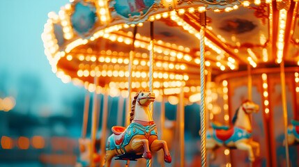 Close-up photography of an enchanting carousel ride in evening glow nostalgia