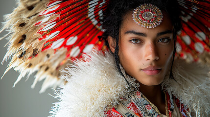 Wall Mural - Close-up portrait of a woman wearing a headdress.