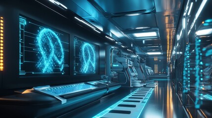 Poster - Futuristic medical facility with glowing DNA sequencing machines and advanced diagnostic devices