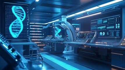 Poster - Futuristic medical facility with glowing DNA sequencing machines and advanced diagnostic devices