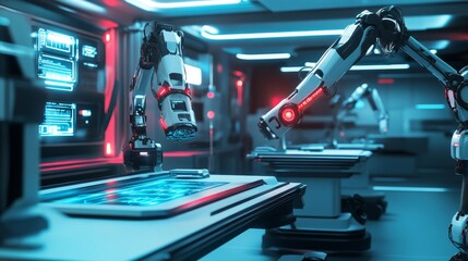 Poster - Futuristic medical diagnostic station with glowing health scanning devices and robotic arms