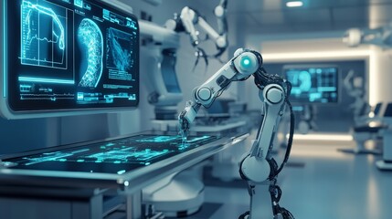 Poster - Futuristic medical diagnostic station with glowing health scanning devices and robotic arms