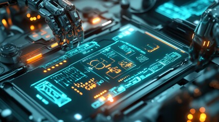 Poster - Futuristic medical diagnostic station with glowing health scanning devices and robotic arms