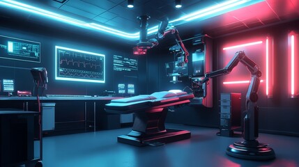 Poster - Futuristic medical diagnostic station with glowing health scanning devices and robotic arms