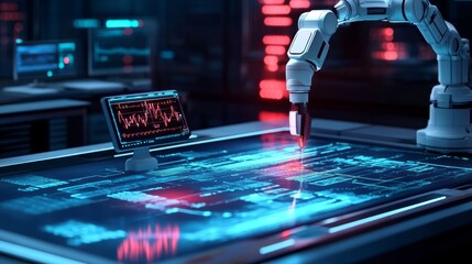 Poster - Futuristic medical diagnostic station with glowing health scanning devices and robotic arms