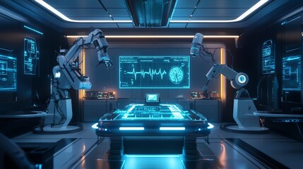 Poster - Futuristic medical diagnostic station with glowing health scanning devices and robotic arms