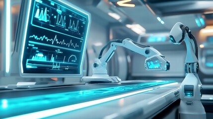 Poster - Futuristic medical diagnostic station with glowing health scanning devices and robotic arms