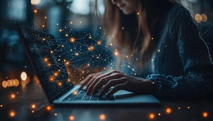 Poster - Entrepreneur uses AI artificial intelligence technology to improve their work. Online help with an AI chat bot to solve problems, solve questions and improve data. Efficient internet tools, HD image