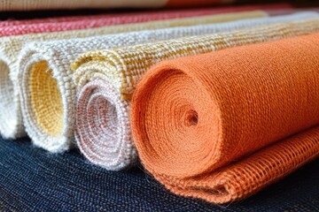 Colorful Rolled Fabrics Displayed on Textured Surface