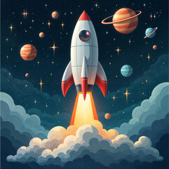 background image on the theme of astronautics rockets planets stars space station icon.
