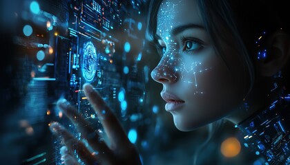 Poster - Entrepreneur uses AI artificial intelligence technology to improve their work. Online help with an AI chat bot to solve problems, solve questions and improve data. Efficient internet tools, HD image