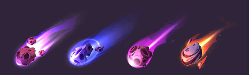 Wall Mural - glowing asteroid and comet collection with colorful fire trails. celestial meteors with orange, blue