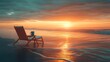 A minimalist lounge chair on a pristine beach, facing the warm glow of a sunrise, a coffee mug in hand, the soft orange light reflecting off calm ocean waves, peaceful and meditative setting,