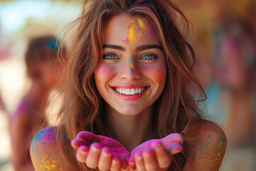 Wall Mural - A close-up portrait of a joyful person covered in bright Holi colors, mid-action during the celebration, with vibrant powders in the background.