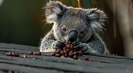 Wall Mural - Koala eating berries on wood, Australian wildlife.