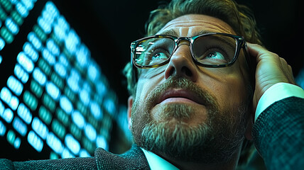 Poster - Strategic Vision: A pensive businessman contemplates the market data, his thoughtful gaze reflecting ambition and calculated risk. The low-key lighting and close-up perspective create a dramatic mood.