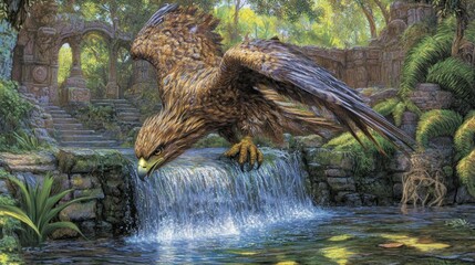 Wall Mural - Majestic golden eagle drinking from a tranquil waterfall in a lush, ancient garden.