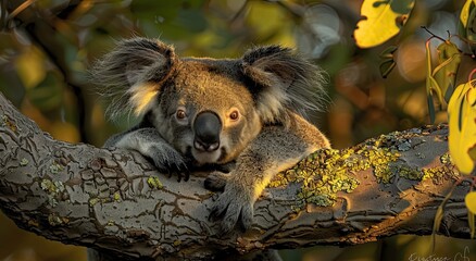 Wall Mural - koala resting on eucalyptus branch, golden hour light, australian forest background, wildlife photog
