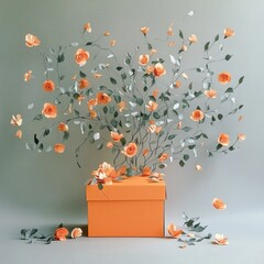 Canvas Print - Orange flowers bursting from an orange gift box on a grey background.