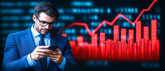 Poster - Businessman Monitoring Stock Market: A serious businessman in a suit and glasses intently checks his phone, with a red chart of stock market fluctuations in the background.
