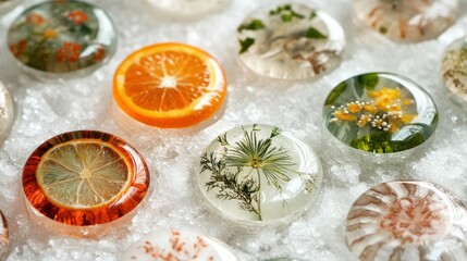 Canvas Print - Resin art pieces with embedded flowers and citrus fruits on ice.