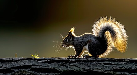 Wall Mural - sunrise squirrel on log, wildlife photography, nature backdrop.