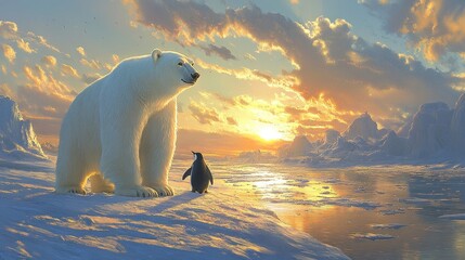 Sticker - Majestic polar bear and penguin at arctic sunset.