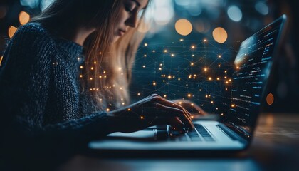 Poster - Entrepreneur uses AI artificial intelligence technology to improve their work. Online help with an AI chat bot to solve problems, solve questions and improve data. Efficient internet tools, HD image