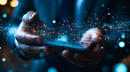 Poster - Digital Transformation in Hand: A close-up shot of a person's hands holding a smartphone, with a futuristic digital city and data streams emanating from the screen.