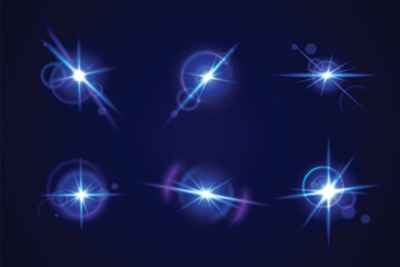 Poster - Glint and glare optical effects collection - bright blue luminous starbursts with radiant beams on dark background. Shimmering neon sparkles with lens flares, circular halos and bright bling.