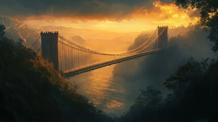 Sticker - Majestic suspension bridge spanning a serene valley at golden hour, with dramatic mountain and forest backdrop.