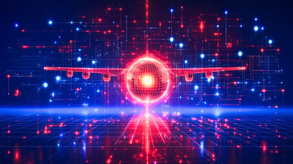 Poster - Digital Flight: A futuristic, abstract plane soars through a vibrant digital landscape, its red silhouette illuminated by shimmering blue and red lights.  