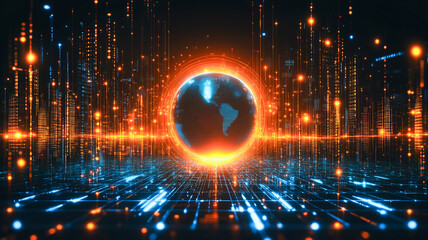 Poster - Global Network: Futuristic digital world, glowing earth, network connections, data streams, technology, innovation, digital transformation