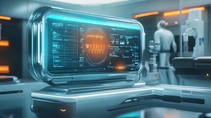 Poster - A futuristic diagnostic pod with glowing holographic health readouts and automated analysis tools